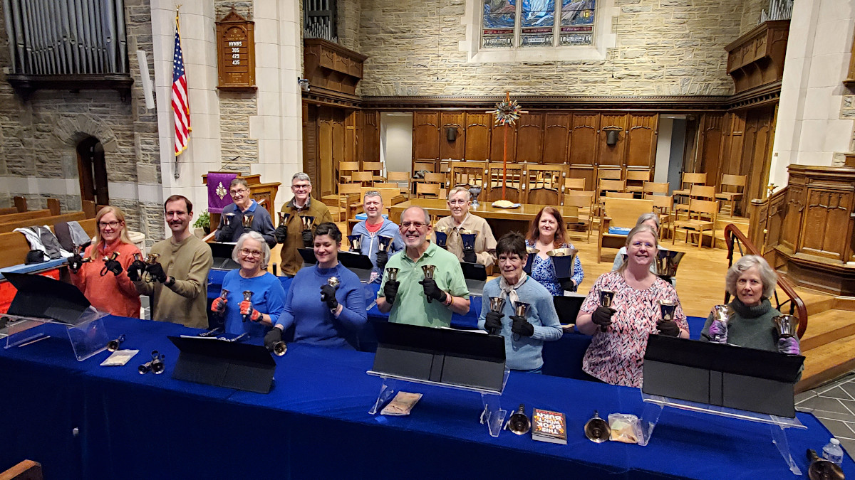 Westminster Handbell Choir rehearsal in the sanctuary